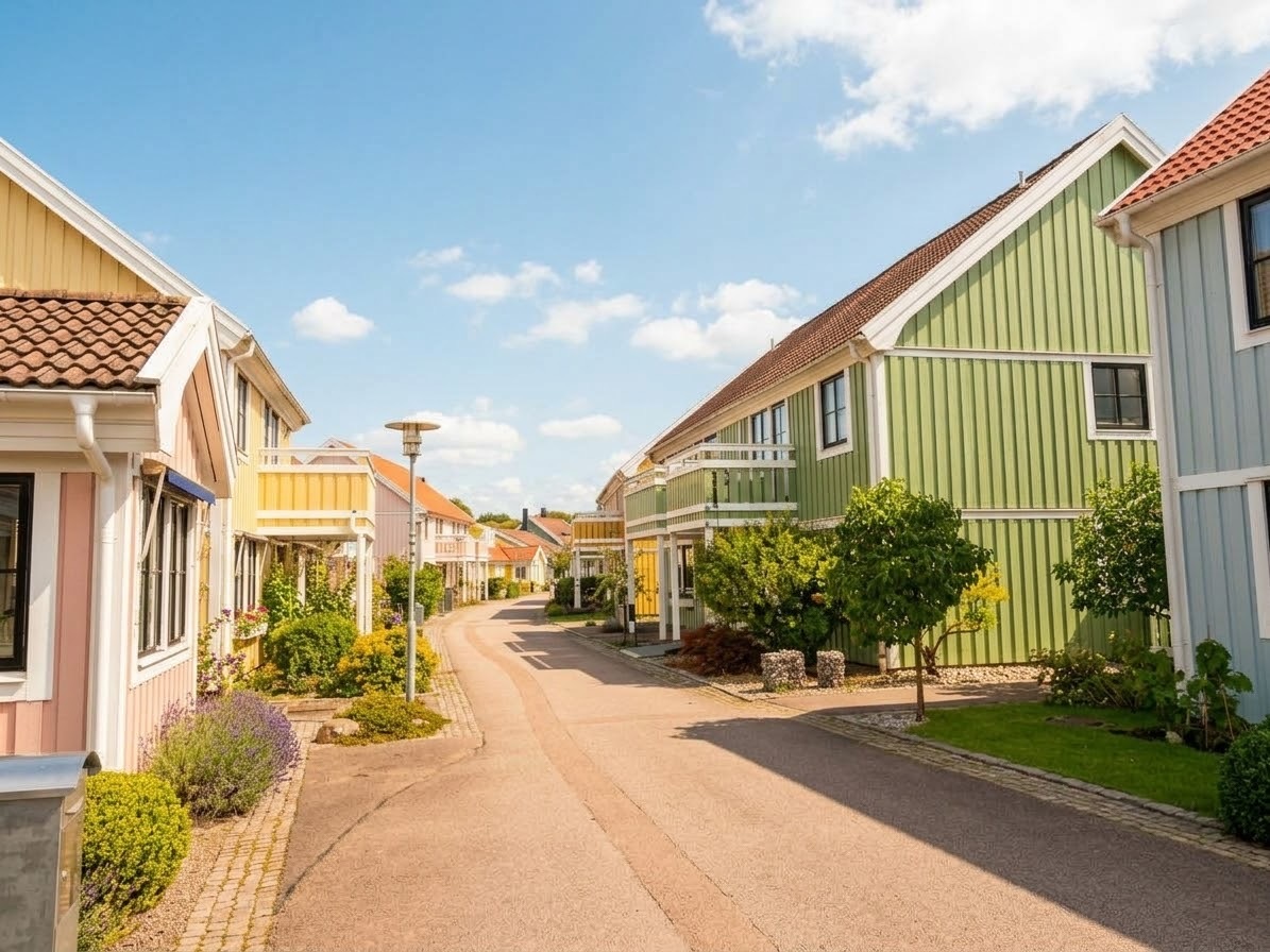Gatuvy över Frennarps bygata med färgglada radhus